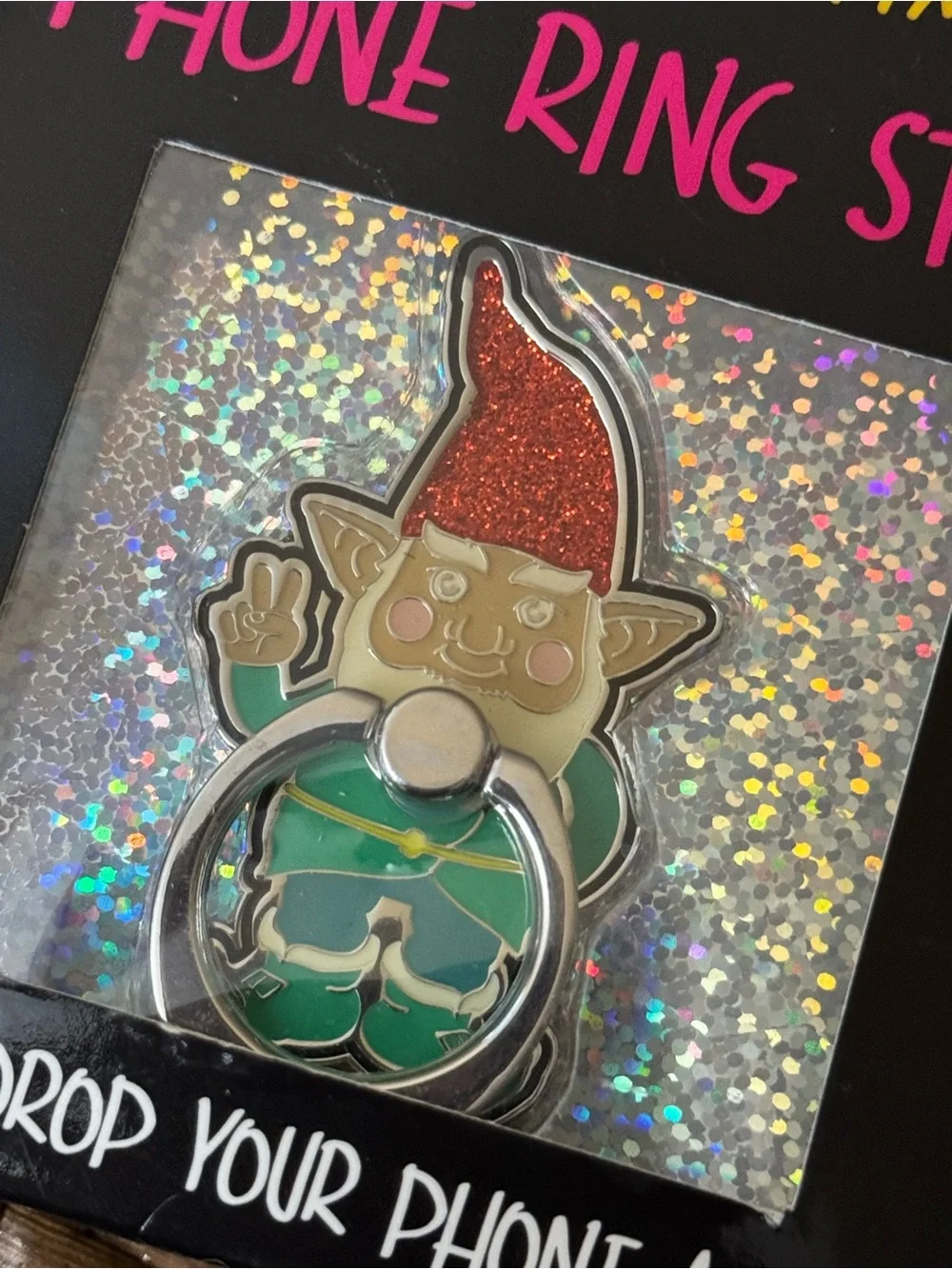 Betsey Johnson Green Gnome Phone Ring Stand with Red Hat